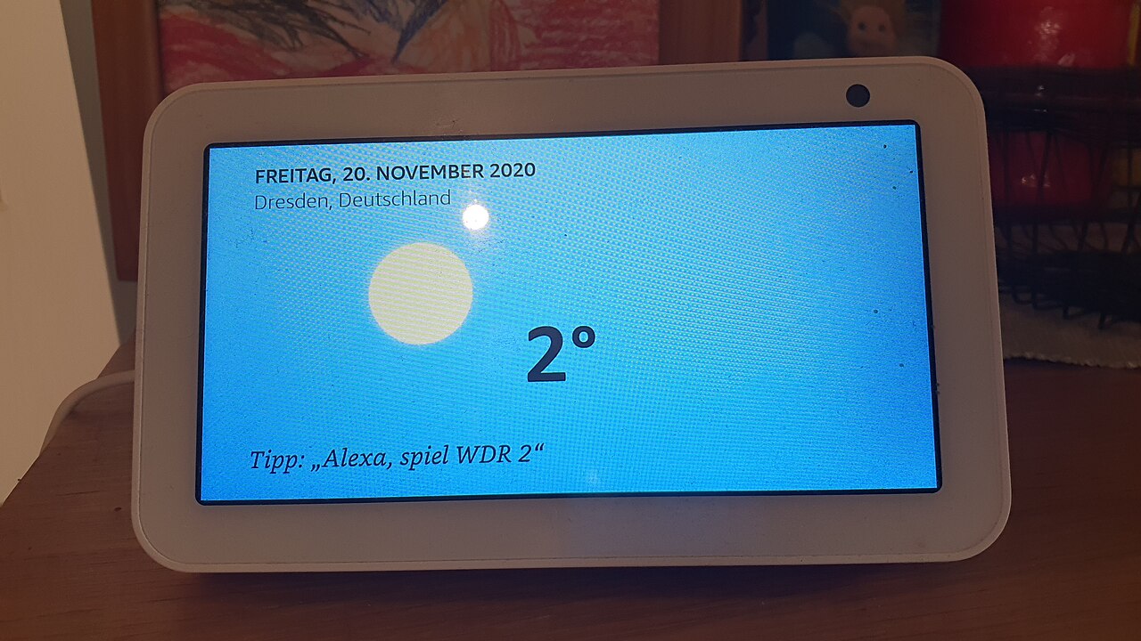 An older Echo Show 5 displaying weather, not the newly announced Echo Show 16