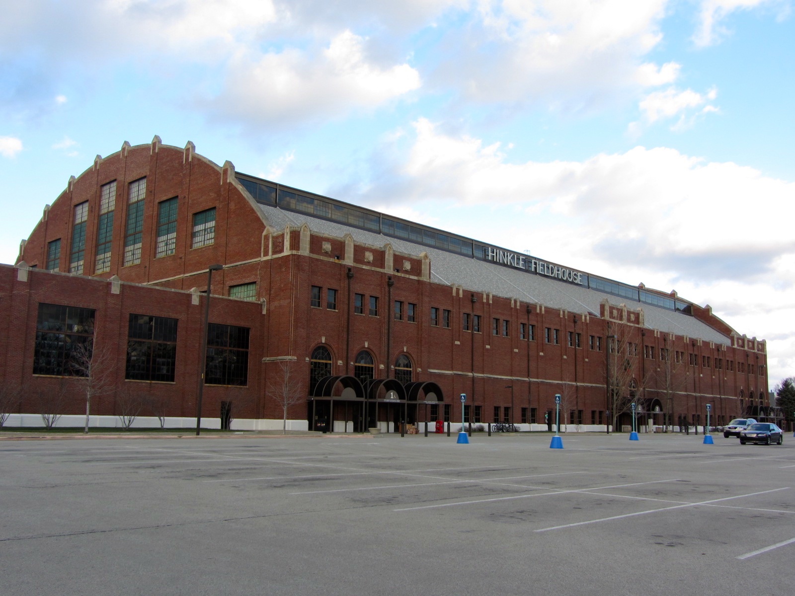 Historic exterior photograph of Hinkle Fieldhouse in Indianapolis, with brick walls and its name on the roof; not a 2026 NBA Cup event photograph