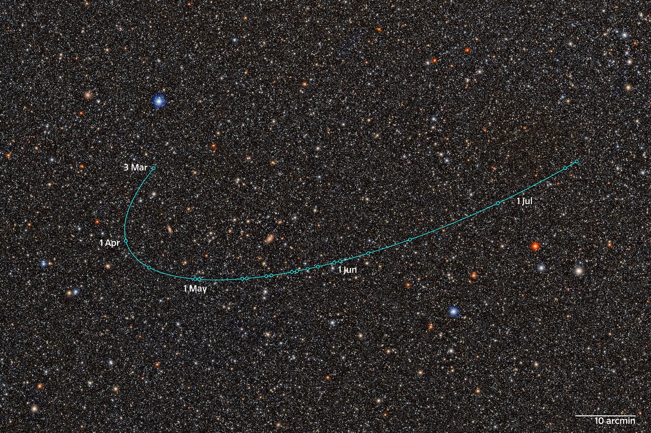 Annotated star-field composite marking successive observed positions of dwarf planet candidate 2026 ED138