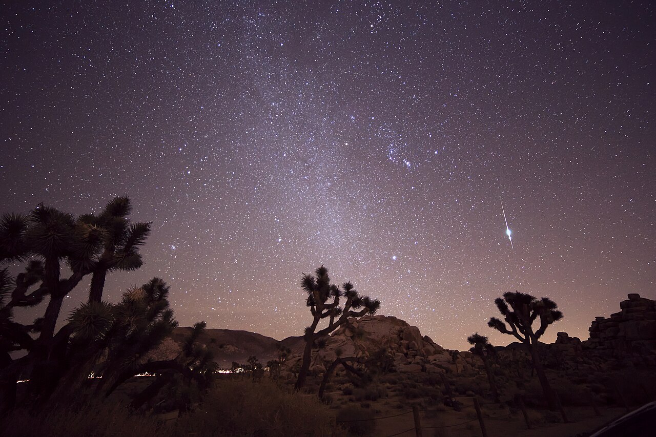 Bright meteor photographed among stars above Joshua trees and rocks in California in November 2015; historical Taurid context, not a 2026 sighting